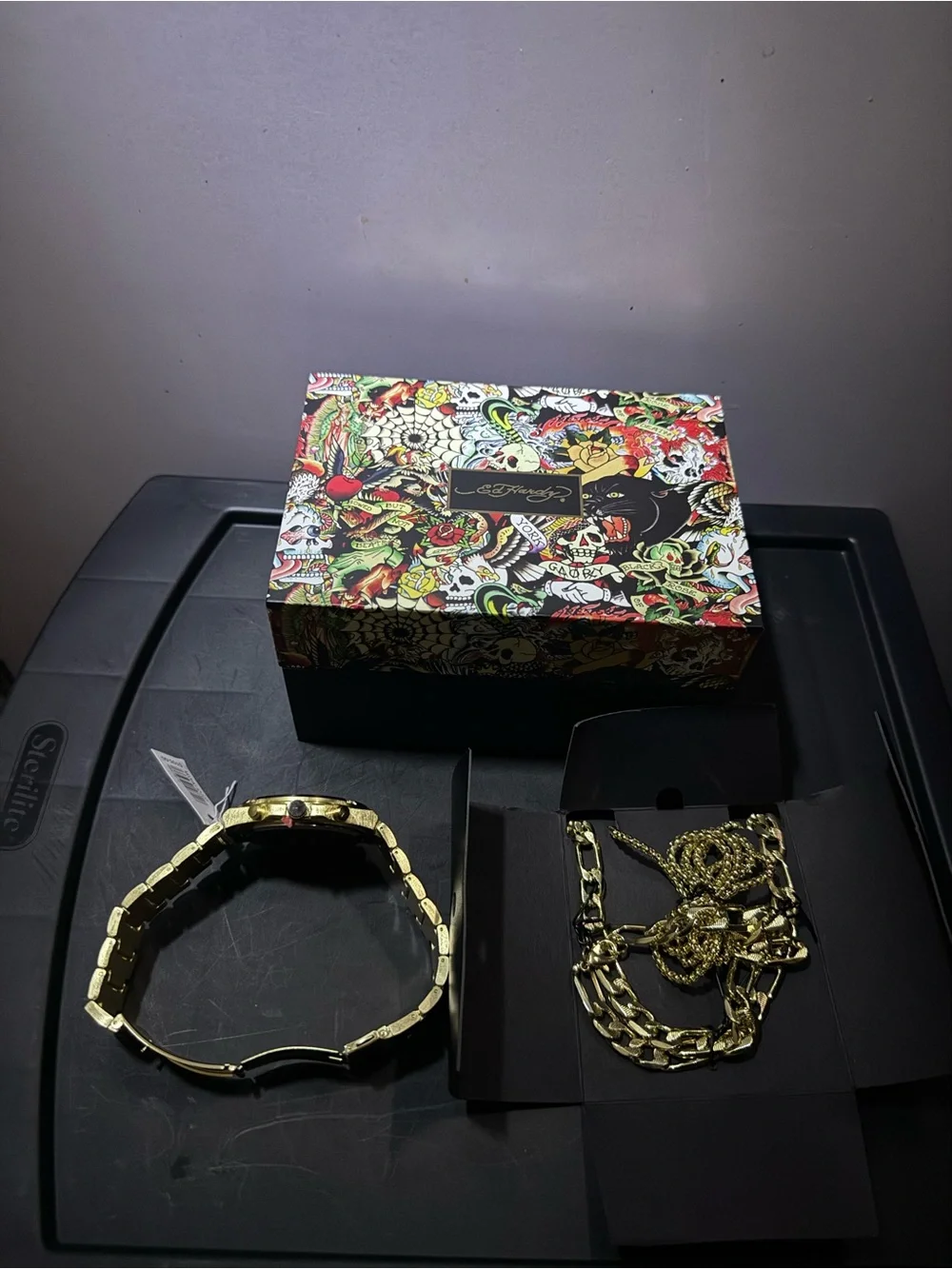 Ed Hardy Gold-tone Watch and Necklace Set with Black Dial